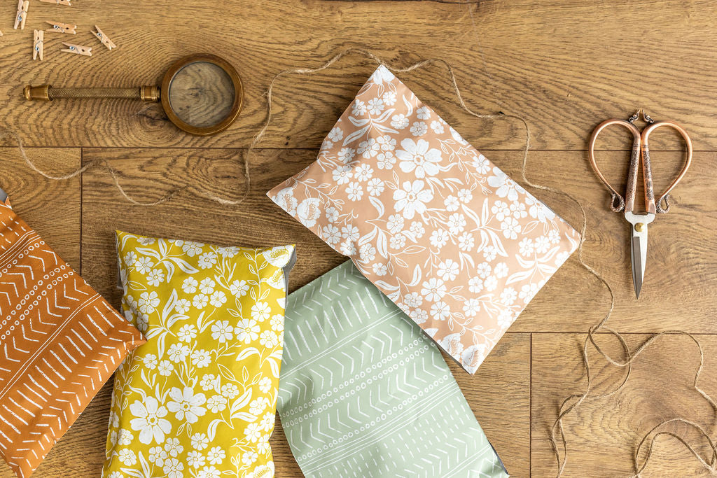 a variety of pretty filled mailing packaging bags in a small 6x9 size from Favorite Supplies