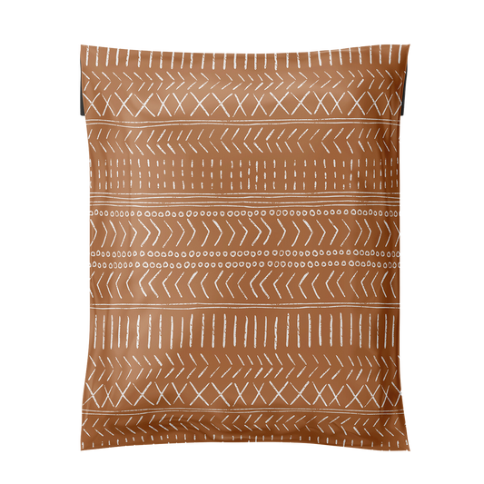 Favorite Supplies 10x13 Boho Brown Poly Mailer with a stylish geometric pattern. Perfect for small business clothing shipping. Eco-friendly and self-sealing envelopes.