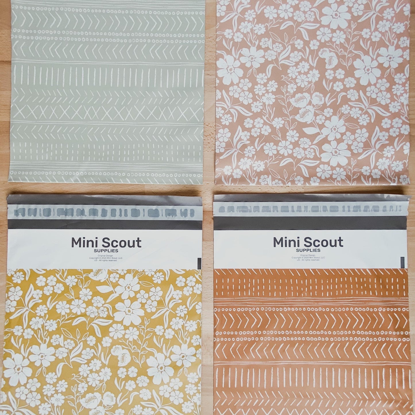 four different poly mailer design options for small shop branding