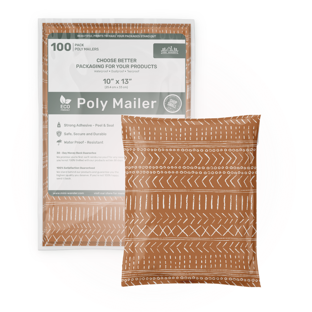 Display of Favorite Supplies' Boho Brown Poly Mailer 100 Pack, showcasing the packaging and neatly packed condition. Details include size (10x13), stylish design, and features such as self-sealing for a perfect shipping solution.
