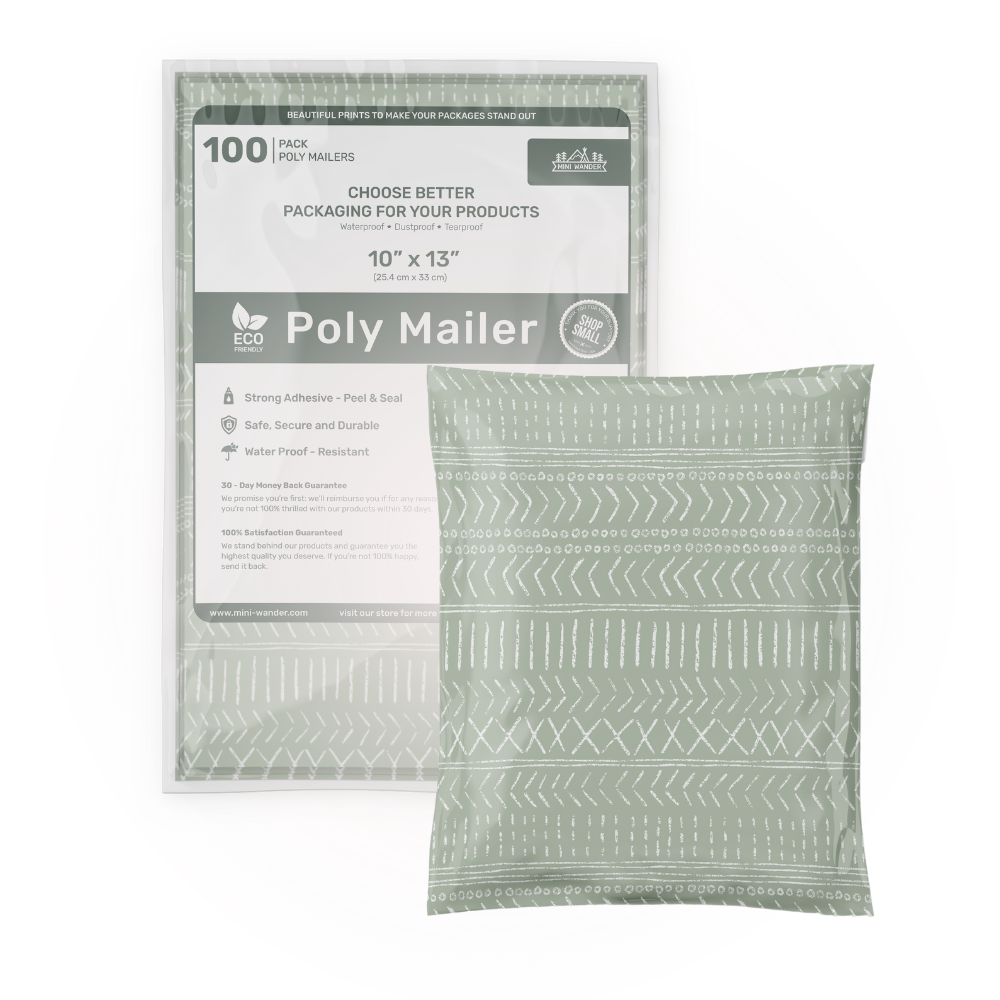 10x13 Green Geo Boho Poly Mailer 100 Pack. Shop small, eco-friendly mailers for stylish and sustainable small business packaging by Favorite Suppllies