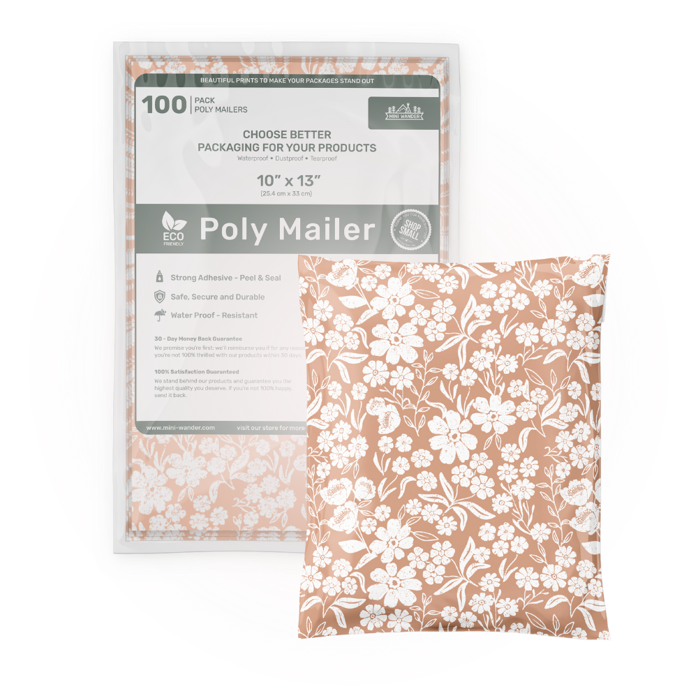 100 Pack of Floral Dusty Pink Poly Mailers by Favorite Supplies. A simple, clean shot showcasing the stylish packaging design against a plain white background.