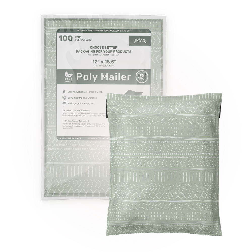 A pack of 100 polymailer sizes 12 by 15.5 inches. A light green design with lines and dots. Small shop shipping supplies.