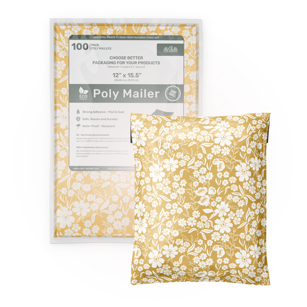 a hundred pack of poly mailer shipping envelopes. A beautiful yellow flower pattern. 