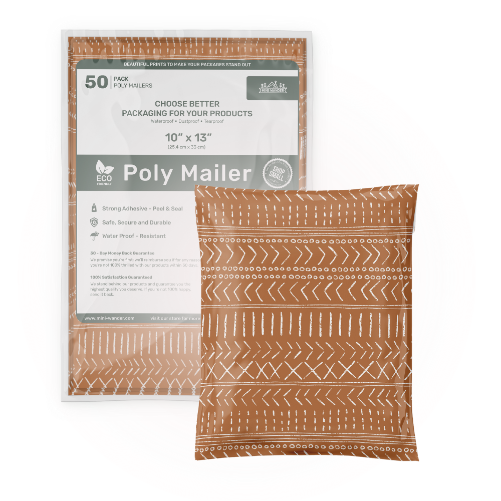 "Alt Text: Showcase of Favorite Supplies' Boho Brown Poly Mailer 50 Pack, highlighting the packaging and compact arrangement. Details feature the size (10x13), stylish design, and convenient self-sealing for efficient shipping.