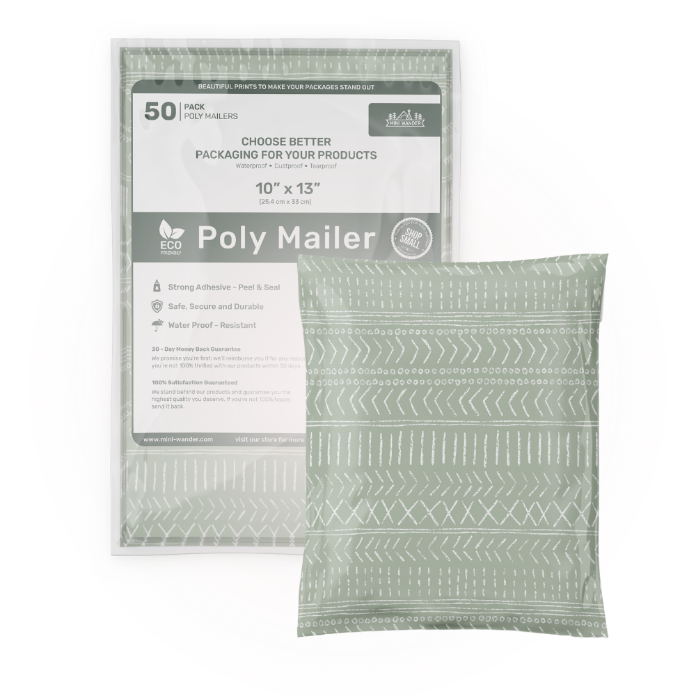 10x13 Green Geo Boho Poly Mailer 50 Pack. Showcase of the charming pattern and eco-friendly, self-sealing design for small business clothing cute packaging by Favorite Supplies