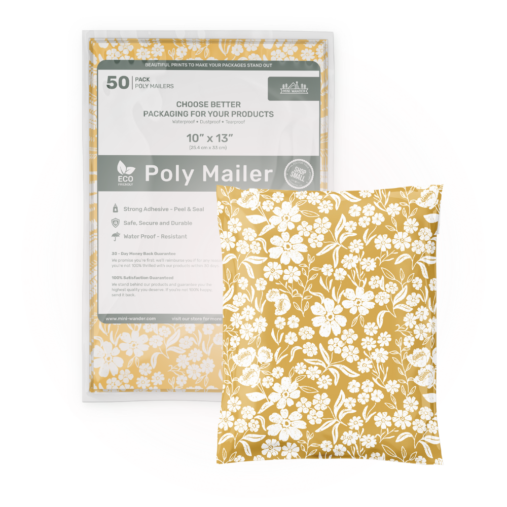 bulk pack of 50  10x13 Plastic Mailing Bags yellow pattern with a meadow of white flowers