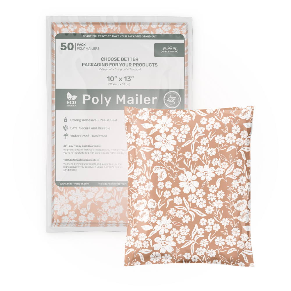 Set of 50 Floral Dusty Pink Poly Mailers by Favorite Supplies. A shot highlighting the chic packaging design against a crisp white backdrop.