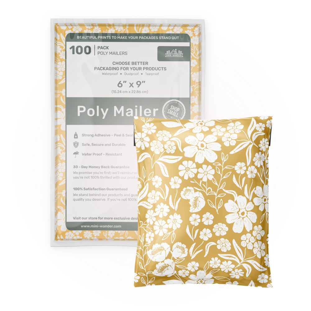 6x9 Poly Bags for Shipping: Floral Block Print (Yellow) in packs of 100