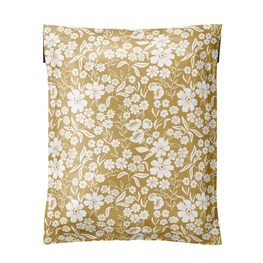 floral patterned polymailer bags in a yellow color from favorite supplies, a shipping supply company